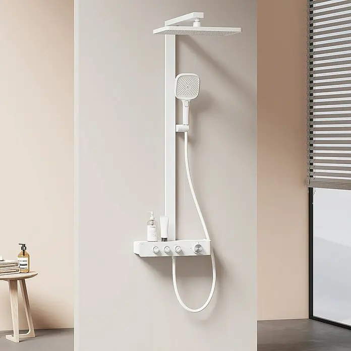 Emke Duschsystem Einstellbare Wassermenge F27 - Mit Thermostatarmatur, Lochabstand: 112 cm, Anzahl Strahlarten: 3 Stk., Weiß - Duschsystem in Weiß mit quadratischem Duschkopf und Handbrause für ein modernes Badezimmer.