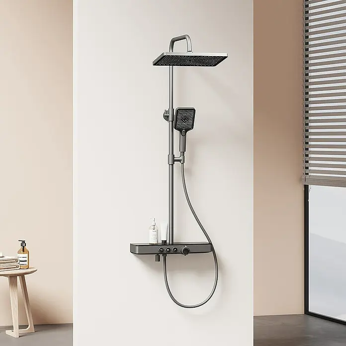 Emke Duschsystem Tastenschalter Duschsäule F10 - Mit Thermostatarmatur, Lochabstand: 72,6 cm, Anzahl Strahlarten: 3 Stk., Anthrazit - Duschsystem mit Kopf- und Handbrause sowie Ablagefläche für Pflegeprodukte. Modernes Design in Grau für ein stilvolles Badezimmer.