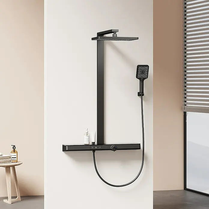 Emke Duschsystem F13 - Mit Thermostatarmatur, Lochabstand: 105 cm, Anzahl Strahlarten: 3 Stk., Schwarz - Elegante schwarze Duscharmatur mit Kopf- und Handbrause, sowie Ablagefläche für Badutensilien. Modernes Design für stilvolle Badezimmer.