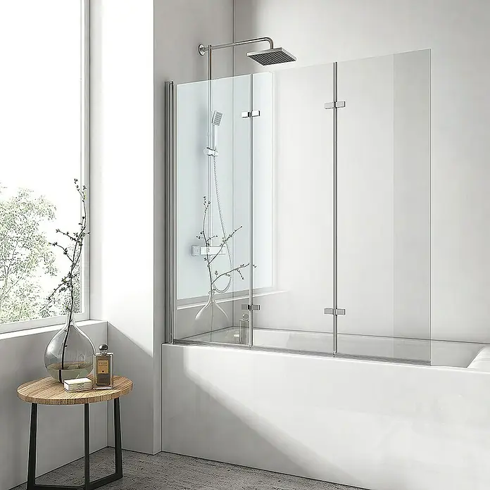 Emke Badewannenaufsatz FTSS - B x H: 120 x 140 cm, 3 Stk., Chrom - Duschabtrennung mit klappbaren Glastüren und moderner Armatur im Badezimmer mit hellem Interieur für ein stilvolles Duscherlebnis.