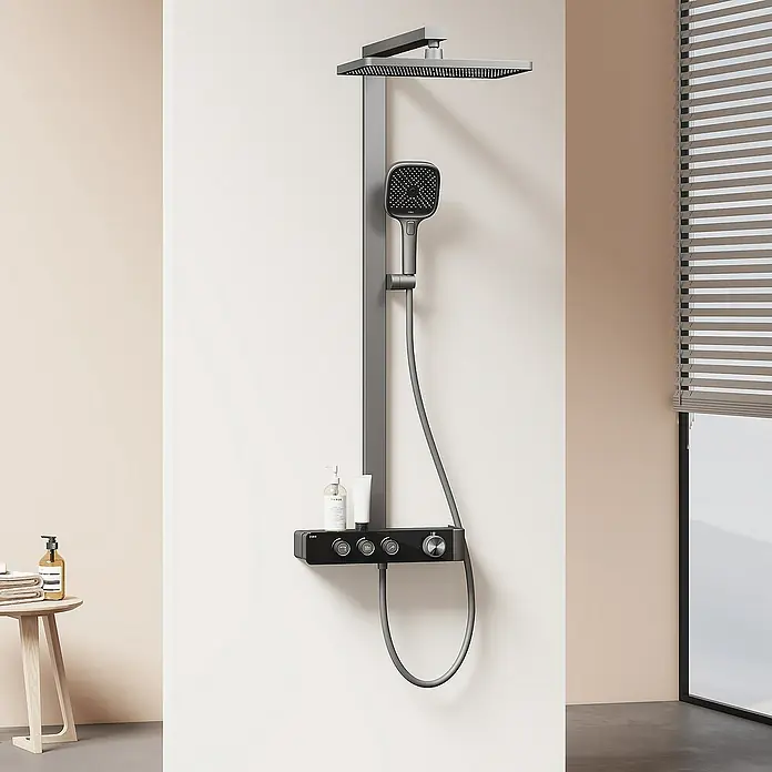 Emke Duschsystem Einstellbare Wassermenge F27 - Mit Thermostatarmatur, Lochabstand: 112 cm, Anzahl Strahlarten: 3 Stk., Anthrazit - Elegante Duschsäule mit Kopf- und Handbrause in modernem Design, inklusive Ablagefläche für Duschutensilien.