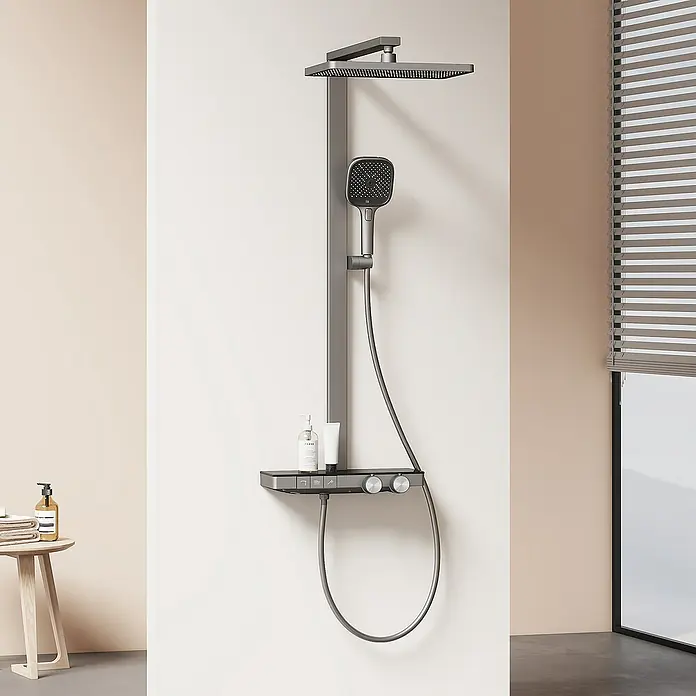 Emke Duschsystem Einstellbare Wassermenge F29 - Mit Thermostatarmatur, Lochabstand: 105 cm, Anzahl Strahlarten: 4 Stk., Anthrazit - Duschsystem mit Kopf- und Handbrause in Grau, mit Ablagefläche für Duschutensilien für ein komfortables Duscherlebnis.