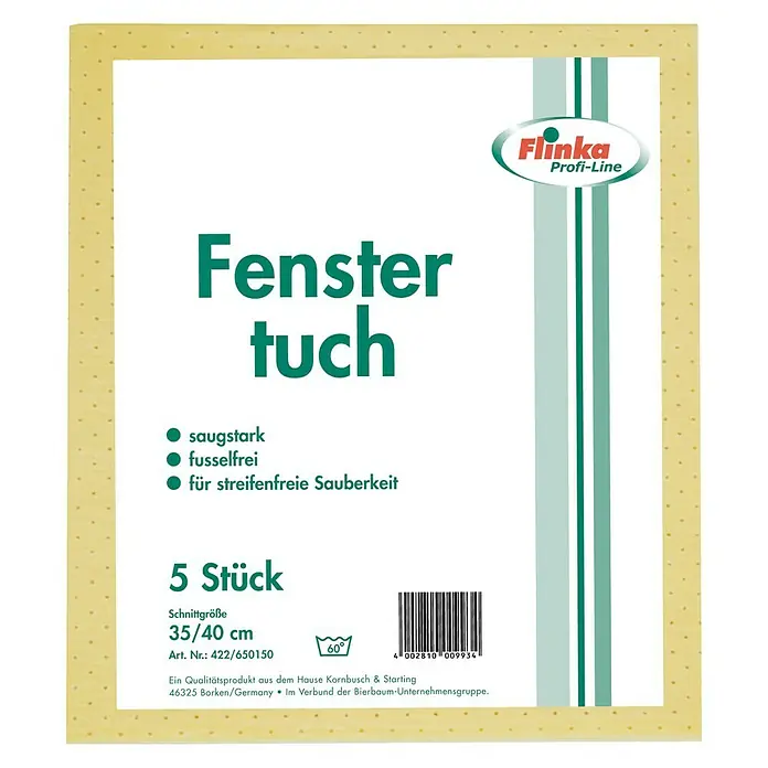 Flinka Profi-Line Fenstertuch - 5 Stk., 40 x 35 cm, Gelocht, Gelb - Abbildung einer Packung Flinka Fensterputztücher, saugstark, fusselfrei, für streifenfreie Sauberkeit, 5 Stück, Größe 35/40 cm.