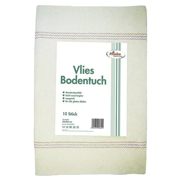 Flinka Profi-Line Vlies-Bodentuch gestreift - 10 Stk., 60 x 50 cm, Waschbar bis 60 °C - Bild einer Packung Flinka Profi-Line Vlies Bodentücher, 10 Stück, ideal für glatte Böden, saugstark und leicht auswringbar, Größe 50/60 cm.
