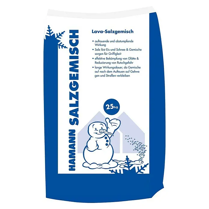 Hamann Mercatus Auftau- & Streusalz - Lavagemisch - 25 kg - Abbildung eines 25kg Sackes Hamann Lava-Salzgemisch, ein Auftausalz zur Eis- und Schneebekämpfung mit langer Wirkungsdauer.