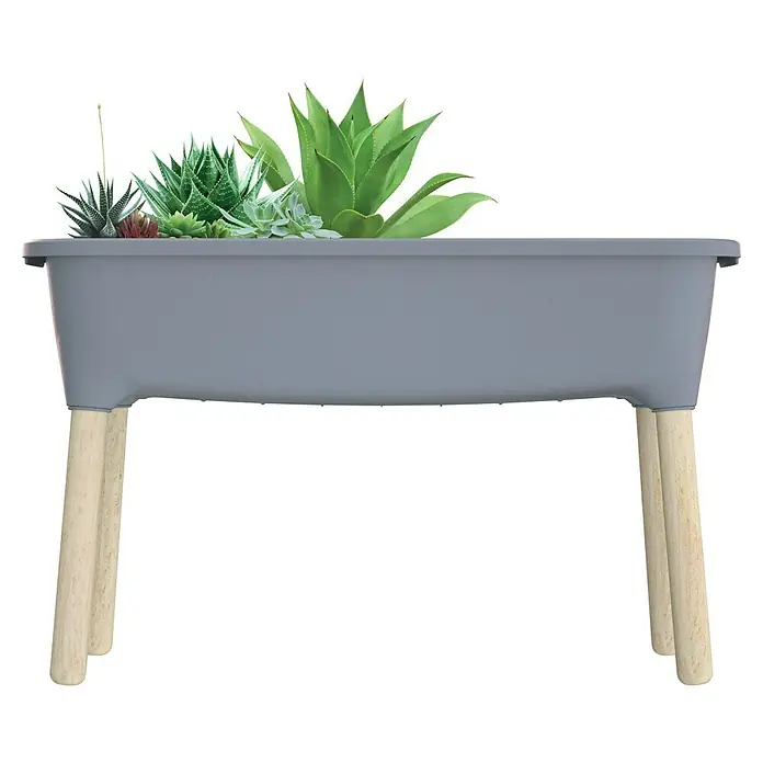 Hochbeet Respana Wood - Anthrazit, 38 x 77 x 79,5 cm, Kunststoff - Grauer Pflanzkasten auf Holzbeinen, bepflanzt mit einer Vielzahl von Sukkulenten und Grünpflanzen für eine natürliche Note.