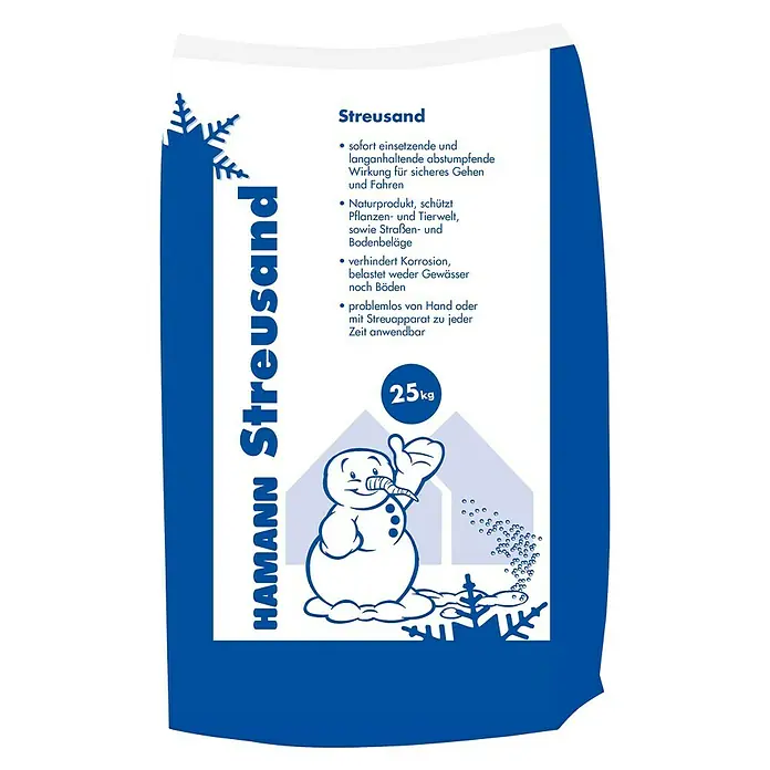 Hamann Mercatus Streusand - 25 kg, Salzfrei - Produktbild eines 25kg Streusand-Sacks der Marke HAMANN mit Schneemann-Motiv, ideal für sicheres Gehen und Fahren im Winter.