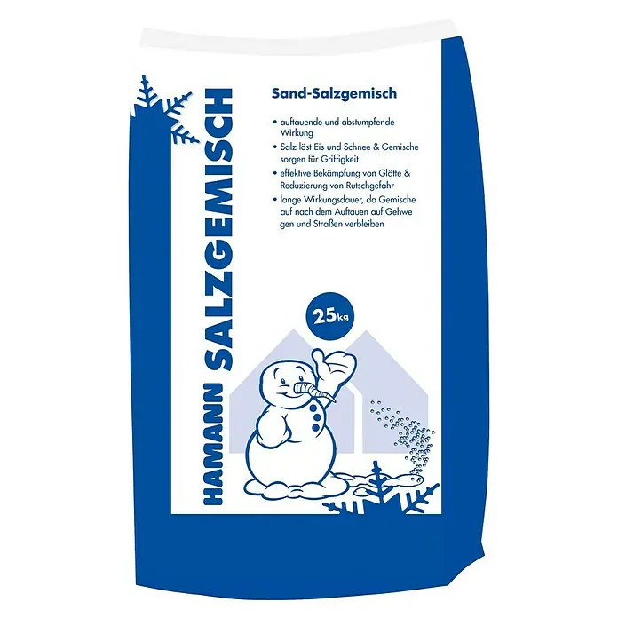 Hamann Mercatus Auftau- & Streusalz - Sandgemisch - 25 kg - Bild einer 25-kg-Packung Hamann Sand-Salzgemisch, einer Auftausalzmischung zur Bekämpfung von Glätte und Rutschgefahr.