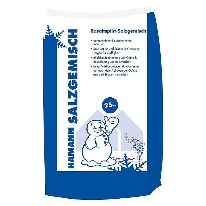 Hamann Mercatus Basaltsplitt Salzgemisch - 25 kg - Abbildung eines 25kg-Sacks Hamann Basaltsplitt-Salzgemisch, einem Auftausalz zur Glättebekämpfung mit Schneemann-Motiv.