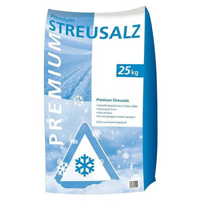 Hamann Mercatus Auftau- & Streusalz Premium - 25 kg, Naturmaterialien - Bild eines 25kg-Sacks Premium Streusalz, ideal zur Glatteisbekämpfung. Mit Schneeflockensymbol und Hinweisen zur Verwendung.