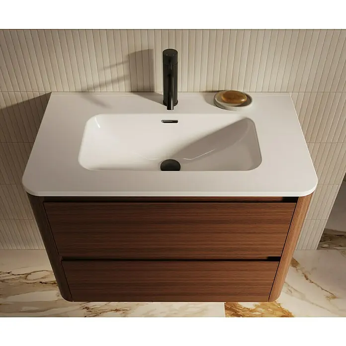 Thebalux Badmöbel-Set Sunny - Gesamtbreite Badmöbel: 81 cm, Roquebrun, Matt - Ein moderner Waschtisch mit Unterschrank und zwei Schubladen in Holzoptik, dazu ein Aufsatzwaschbecken und Armatur.