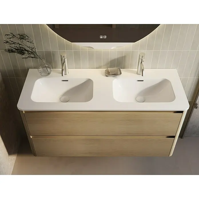 Thebalux Badmöbel-Set Sunny - Gesamtbreite Badmöbel: 121 cm, Blanc, Matt - Modernes Badezimmerwaschbecken mit Doppelbecken und Holzschränken für ein stilvolles Ambiente. Zeitloses Design für Ihr Bad.