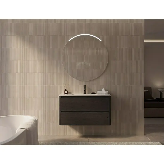 Thebalux Badmöbel-Set Sunny - Gesamtbreite Badmöbel: 101 cm, Chocolate, Matt - Elegantes Badezimmer-Interieur mit einem modernen Waschtisch mit zwei Schubladen und einem runden Spiegel mit LED-Beleuchtung.