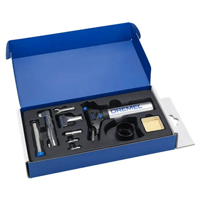 Dremel VersaFlame Hochleistungslötgerät 2200-5 - Geeignet für: Butangas - Ein Dremel-Versatip-Brenner-Set in einer blauen Box mit verschiedenen Aufsätzen, ideal für Lötarbeiten und Heißluftanwendungen.
