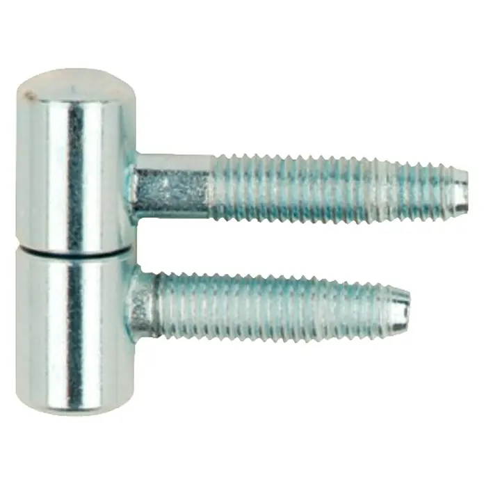 Suki Bisagra de encaje Anuba - Diámetro ruedas: 13 mm, Zincado, Apto para: Puertas de las habitaciones - Primer plano de una bisagra brillante plateada con roscas de tornillo. Ideal para reparaciones de muebles y proyectos de bricolaje.