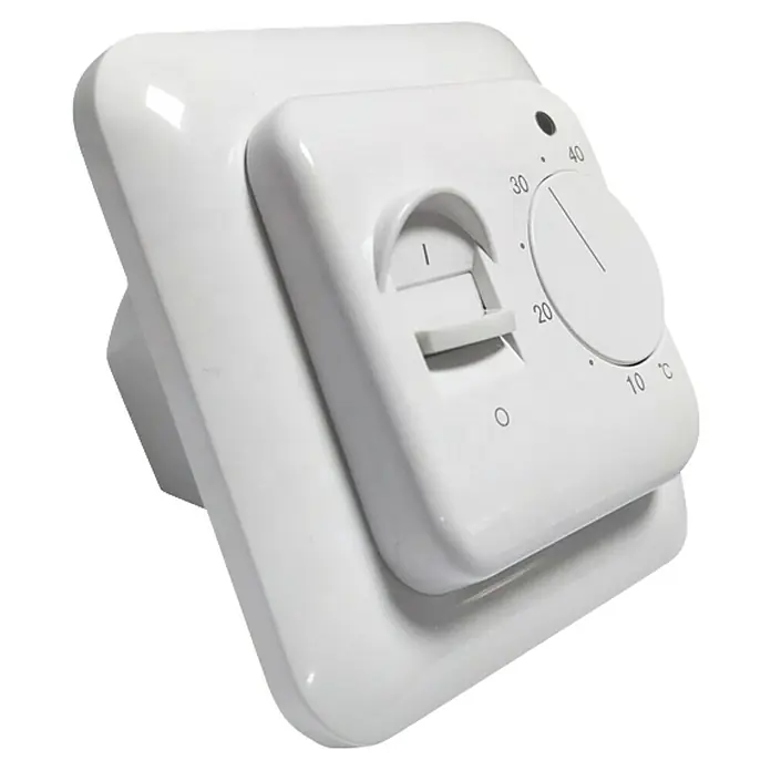 Admiral E-Power Thermostat Standard - Analog, Beheizbare Fläche: 20 m², Stufenlos einstellbare Temperatur - Detailaufnahme eines weißen Raumtemperaturreglers mit Drehknopf und Schieberegler zur manuellen Steuerung der Heizung.