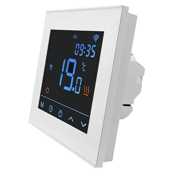 Admiral E-Power Thermostat Comfort Plus - Digital, Beheizbare Fläche: 20 m², Programmierbar - Digitales Thermostat mit weißem Rahmen und gut lesbarem Display, das die aktuelle Temperatur und Uhrzeit anzeigt.