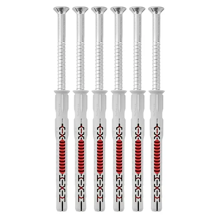 Hörmann Dübel-Set Standard D52 - 10 x 100 mm, 6 Stk., Passend für: Hörmann Brandschutztüren H3-1 OD - Nahaufnahme von fünf Fischer UX-Universaldübeln mit Schrauben, ideal für Befestigungen in verschiedenen Baumaterialien.