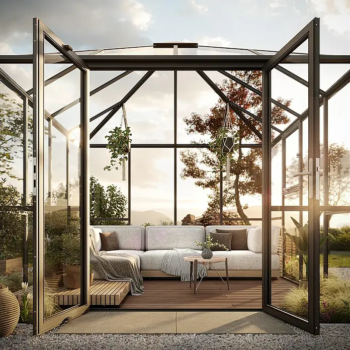 KGT Gewächshaus PaviLux 3,5 - Außenmaß inkl. Dachüberstand (B x T): 350 x 350 cm, 4 mm, Anthrazit-grau, Einscheibensicherheitsglas - Das geräumige Gewächshaus bietet mit seinen Glastüren einen einladenden Rückzugsort mit bequemen Sofas und viel Grün.