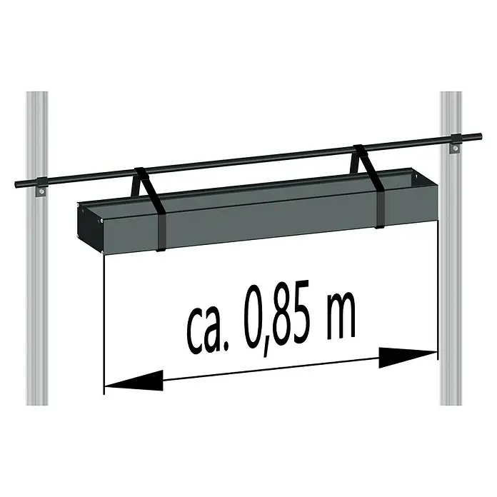 KGT Gewächshaus-Regal - 17 x 90 x 9 cm, Schwarz - Produktdarstellung: Eine graue rechteckige Box, die an einer Stange hängt, mit der Größenangabe ca. 0,85 m.