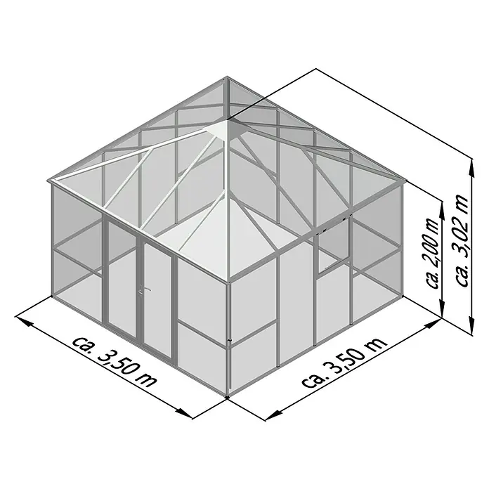 KGT Gewächshaus PaviLux 3,5 - Außenmaß inkl. Dachüberstand (B x T): 350 x 350 cm, 4 mm, Anthrazit-grau, Einscheibensicherheitsglas - Abbildung eines Gewächshauses mit Maßangaben, ca. 3,50 m breit und ca. 3,02 m hoch. Das Gewächshaus ist aus Glas und Metall gefertigt.