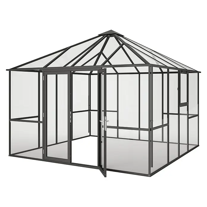 KGT Gewächshaus PaviLux 3,5 - Außenmaß inkl. Dachüberstand (B x T): 350 x 350 cm, 4 mm, Anthrazit-grau, Einscheibensicherheitsglas - Abbildung eines transparenten Gewächshauses mit geöffneter Tür und stabilen Rahmen, ideal für den Pflanzenanbau.
