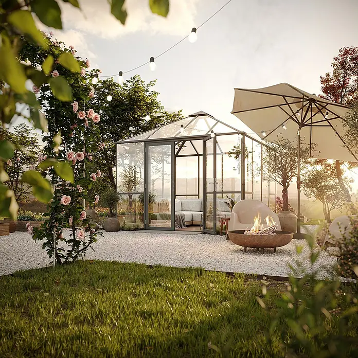 KGT Gewächshaus PaviLux 3,0 - Außenmaß inkl. Dachüberstand (B x T): 300 x 300 cm, 4 mm, Anthrazit-grau, Einscheibensicherheitsglas - Einladender Gartenbereich mit Gewächshaus, Feuerstelle und stilvoller Einrichtung. Ideal für entspannte Stunden im Freien.