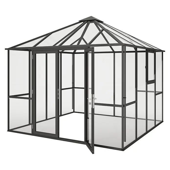KGT Gewächshaus PaviLux 3,0 - Außenmaß inkl. Dachüberstand (B x T): 300 x 300 cm, 4 mm, Anthrazit-grau, Einscheibensicherheitsglas - Bild eines Gewächshauses mit schwarzen Metallrahmen und klaren Glaspaneelen, die eine geräumige Struktur bilden.