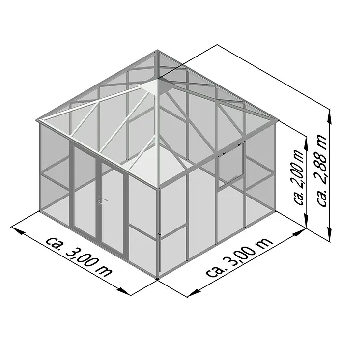 KGT Gewächshaus PaviLux 3,0 - Außenmaß inkl. Dachüberstand (B x T): 300 x 300 cm, 4 mm, Anthrazit-grau, Einscheibensicherheitsglas - Abbildung eines Gewächshauses mit den Maßen ca. 3,00 x 3,00 m und einer Höhe von ca. 2,00 bis 2,88 m.