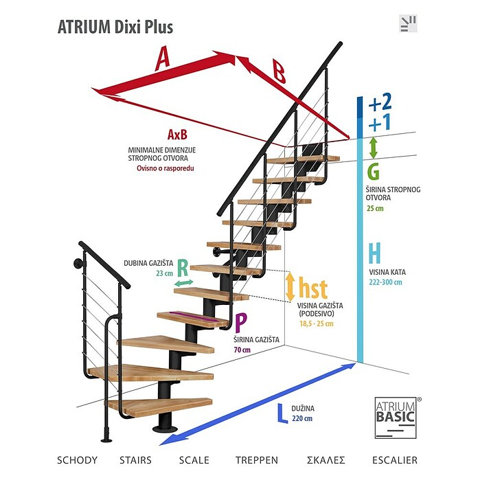 Atrium Stepenice s prilagodljivom visinom i dubinom gazišta Dixi Plus  (Boja metala: RAL 9006, Širina: 70 mm, Zavojite, 1/4 kruga, Visina kata: 222 cm - 300 cm) | BAUHAUS