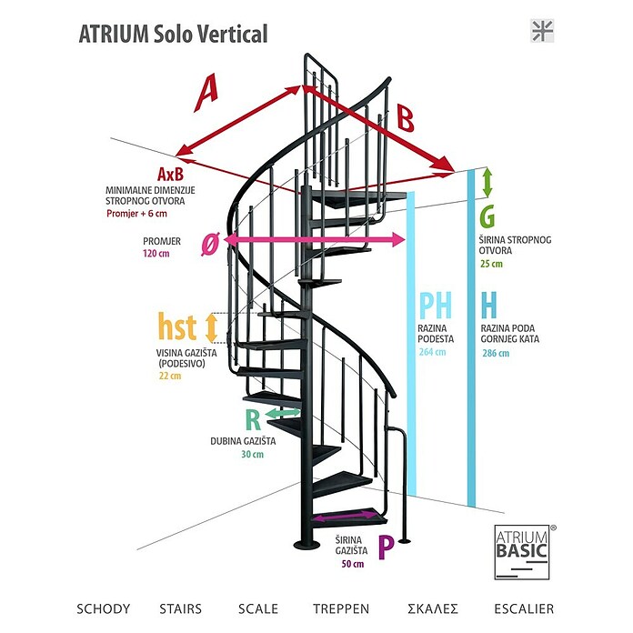 Atrium Spiralne stepenice Solo Vertical 120 S  (Boja metala: RAL 9005, Promjer: 120 cm, Visina kata: 264 cm - 286 cm) | BAUHAUS