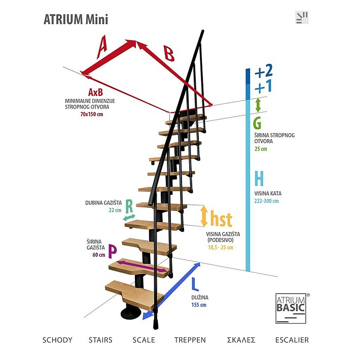 Atrium Sporedne stepenice Mini  (Boja metala: RAL 9006, Širina: 60 cm, Visina kata: 222 cm - 300 cm) | BAUHAUS