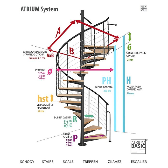 Atrium Spiralne stepenice System  (Boja metala: RAL 9006, Promjer: 168 cm, Visina kata: 280 cm - 300 cm) | BAUHAUS