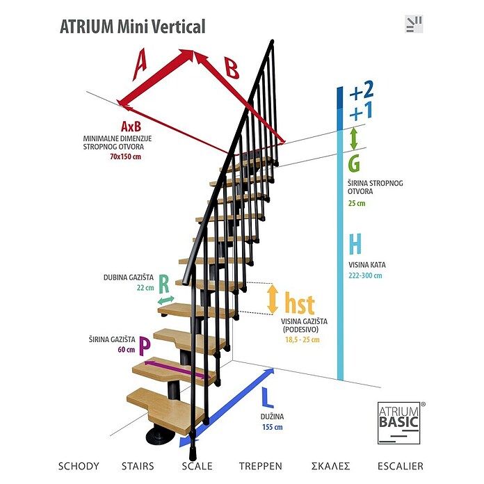 Atrium Sporedne stepenice Mini Vertical  (Boja metala: RAL 9005, Širina: 60 cm, Visina kata: 222 cm - 300 cm) | BAUHAUS
