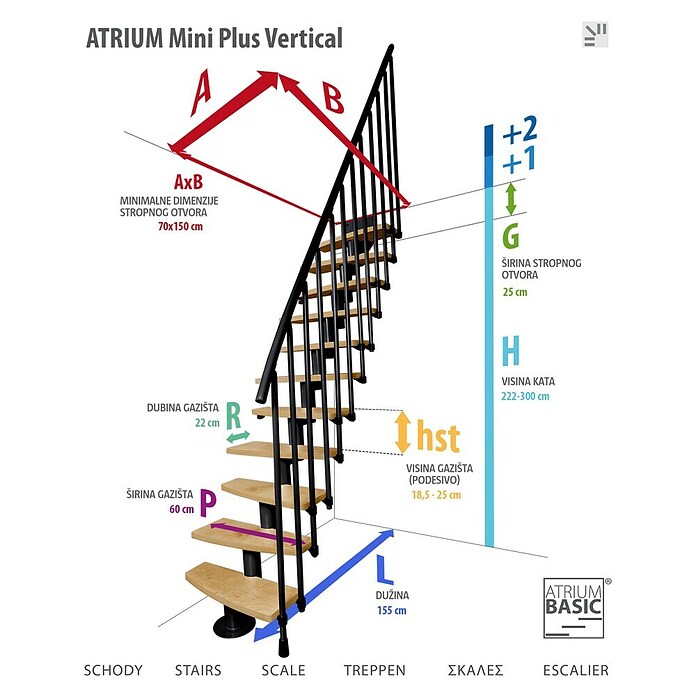 Atrium Sporedne stepenice Mini Plus Vertical  (Boja metala: RAL 9005, Širina: 60 cm, Bukva, Visina kata: 222 cm - 300 cm) | BAUHAUS