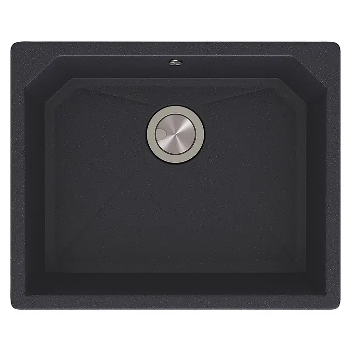 Atron Fregadero encastrable Magma - 48,5 x 59,5 cm, Material compuesto, Negro - Primer plano de un fregadero de cocina moderno negro con un desagüe redondo de acero inoxidable. El fregadero tiene una superficie ligeramente texturizada.