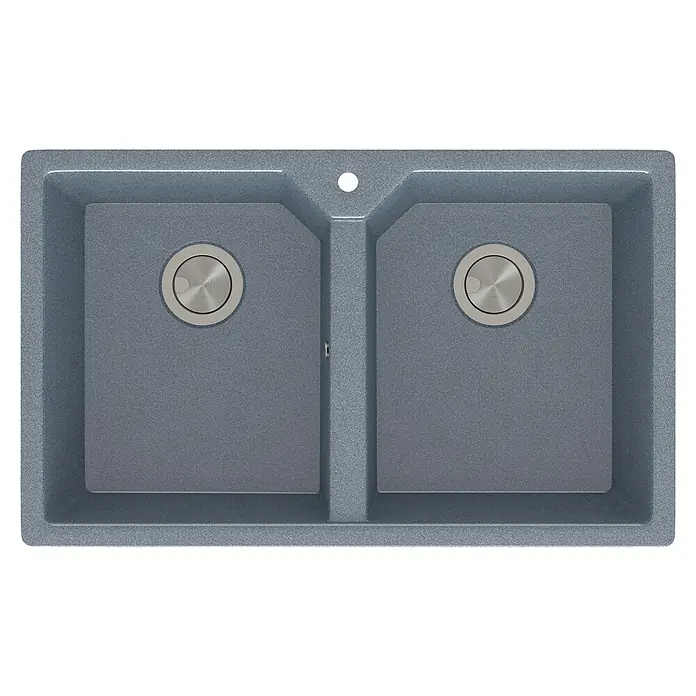 Atron Fregadero encastrable Piros - 49,5 x 81,6 cm, Material compuesto, Gris, Brillante - Primer plano de un elegante fregadero doble moderno en gris, ideal para cualquier cocina contemporánea.
