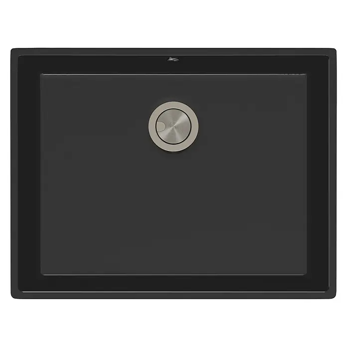 Atron Fregadero encastrable Ocean - 43,6 x 54,6 cm, Negro, Brillante - Primer plano de un fregadero de cocina negro moderno con un tapón de desagüe redondo de acero inoxidable. Diseño elegante y minimalista.