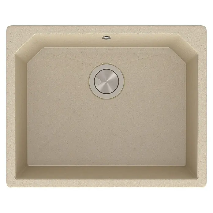 Atron Fregadero encastrable Magma - 48,5 x 59,5 cm, Material compuesto, Crema, Brillante - Primer plano de un fregadero moderno de color beige con un desagüe redondo plateado, que combina funcionalidad con un diseño elegante.