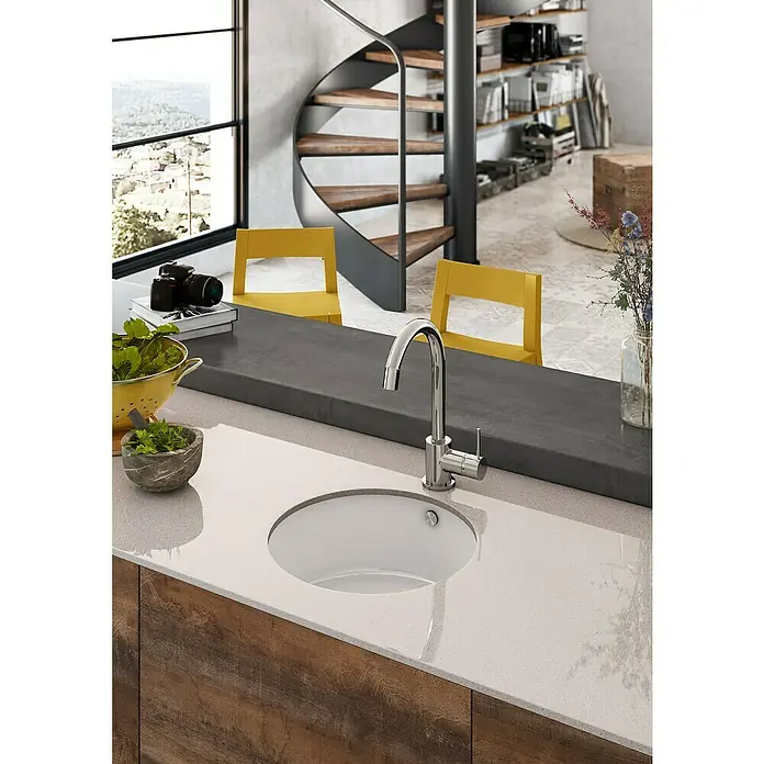 Atron Fregadero encastrable Round - 44,6 x 44,6 cm, Material compuesto, Blanco - Fregadero de cocina con diseño moderno. El fregadero redondo y el elegante grifo forman el centro de esta cocina.