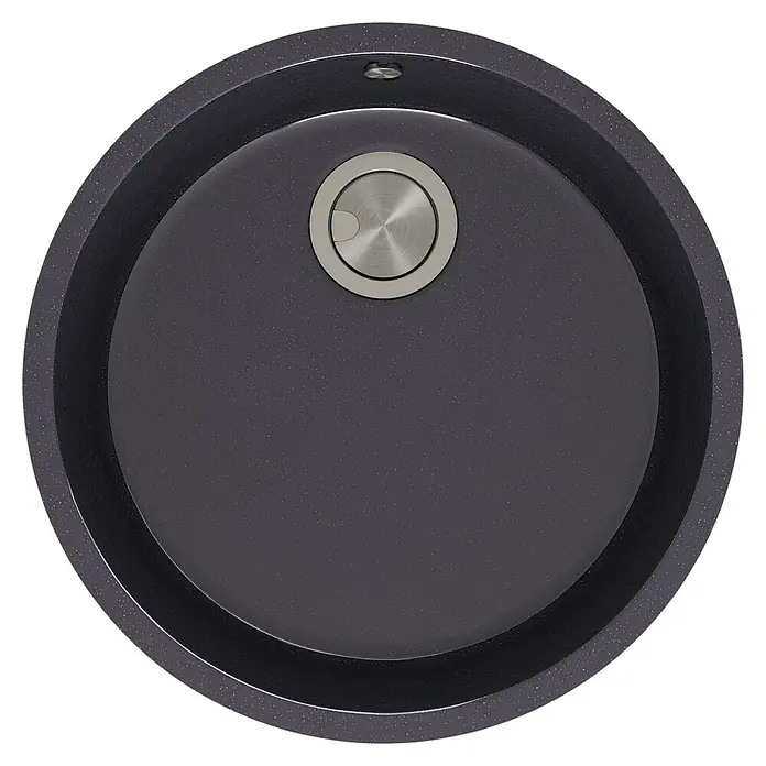 Atron Fregadero encastrable Round - 44,6 x 44,6 cm, Material compuesto, Negro - Primer plano de un fregadero de cocina redondo de color gris oscuro con desagüe de cesta y rebosadero de acero inoxidable, ideal para cocinas modernas.