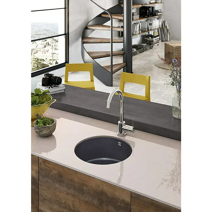 Atron Fregadero encastrable Round - 44,6 x 44,6 cm, Material compuesto, Negro - Fregadero de cocina con grifo en una cocina moderna con encimera. Una adición atractiva a su equipo de cocina.