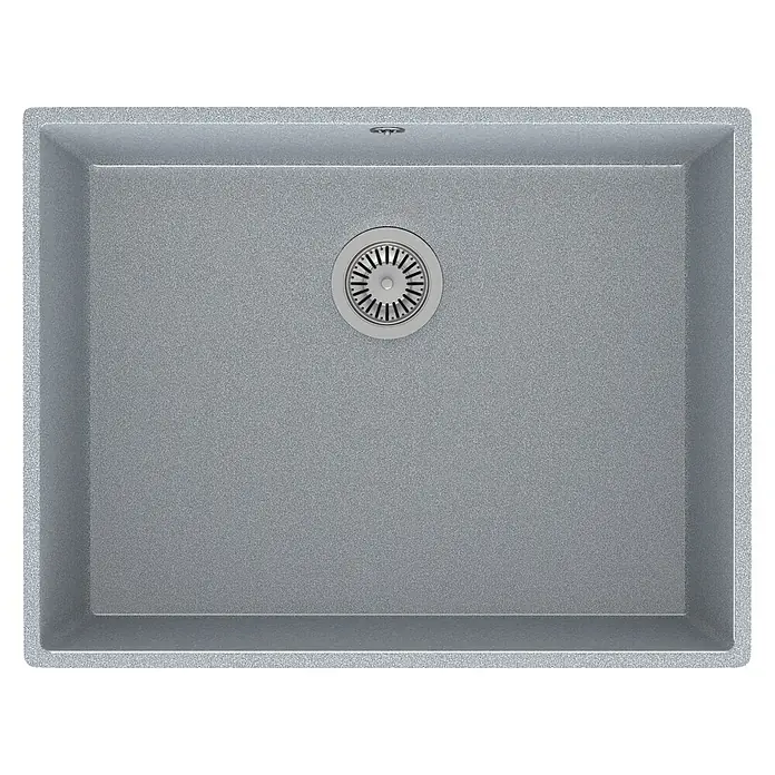 Atron Fregadero encastrable Essen - 43,6 x 54,6 cm, Material compuesto, Metal, Mate - Primer plano de un fregadero de cocina moderno hecho de material compuesto gris con un desagüe redondo.