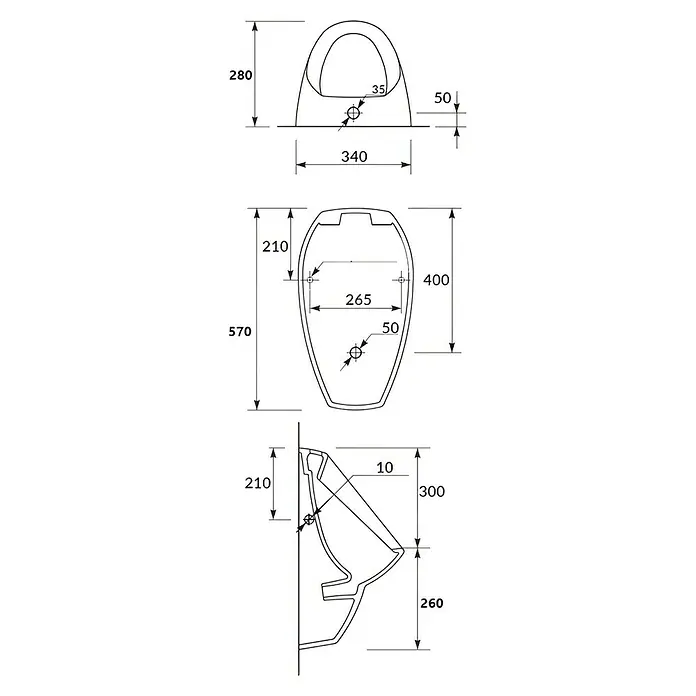 Sanicomfort Urinal Harmony - Unbeschichtet, Zulauf: Oben, Farbe: Weiß - Produktansicht eines Urinals mit detaillierten Maßangaben zur einfachen Installation und Planung.\n