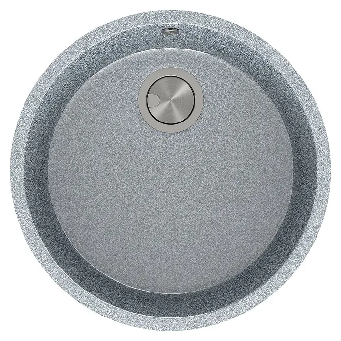 Atron Fregadero encastrable Round - 44,6 x 44,6 cm, Material compuesto, Metal - Primer plano de un fregadero redondo gris con desagüe de acero inoxidable y un acabado texturizado, que ofrece una adición duradera y elegante a cualquier cocina.