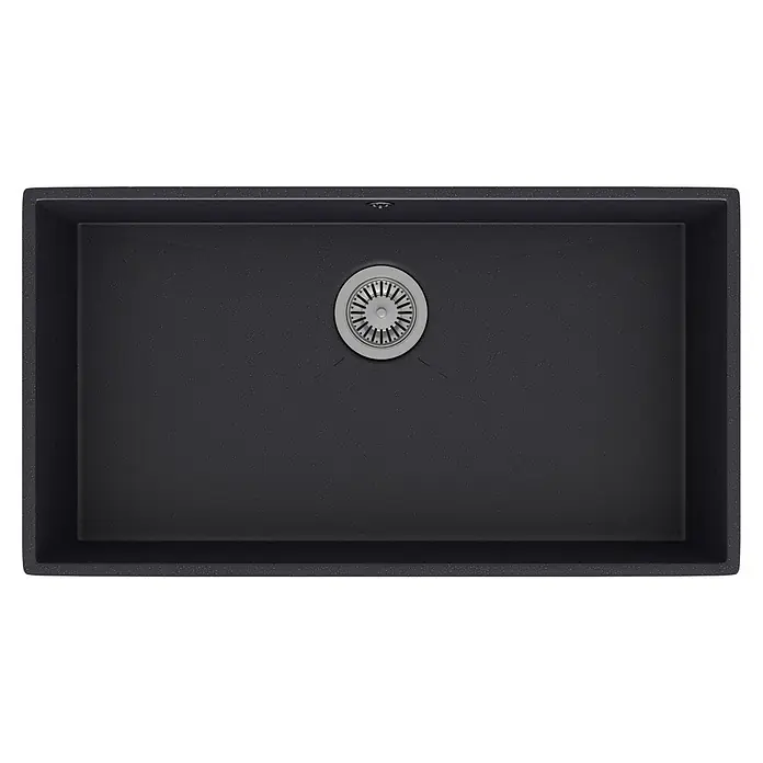 Atron Fregadero encastrable Stuttgart - 43 x 74 cm, Material compuesto, Negro, Brillante - Primer plano de un fregadero negro con un desagüe centrado, que ofrece un elemento de diseño elegante y moderno para cualquier cocina.