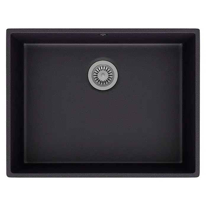 Atron Fregadero encastrable Essen - 43,6 x 54,6 cm, Material compuesto, Negro, Mate - Primer plano de un fregadero oscuro cuadrado con un desagüe redondo en el centro. El fregadero está hecho de material resistente y moteado.