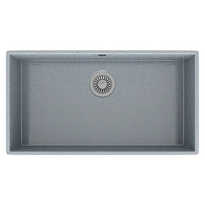 Atron Fregadero encastrable Stuttgart - 43 x 74 cm, Material compuesto, Metal, Mate - Primer plano de un fregadero de cocina gris moderno con un desagüe central, ideal para diseños de cocina contemporáneos.