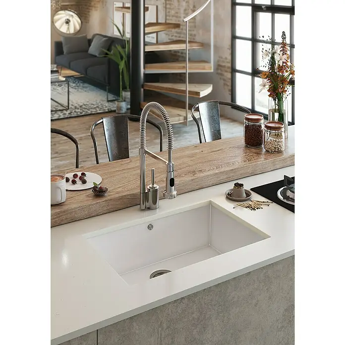 Atron Fregadero encastrable Tide - 42,8 x 64,8 cm, Material compuesto, Blanco, Mate - Fregadero de cocina con grifo moderno. La pila está hecha de material blanco y se integra perfectamente en la encimera.