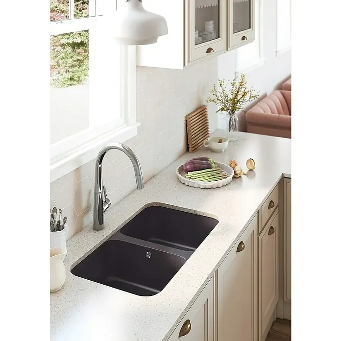Atron Fregadero encastrable Block - 43,6 x 76 cm, Material compuesto, Negro - Fregadero de cocina con escurridor, empotrado en una encimera moderna, ideal para la preparación de alimentos y limpieza.